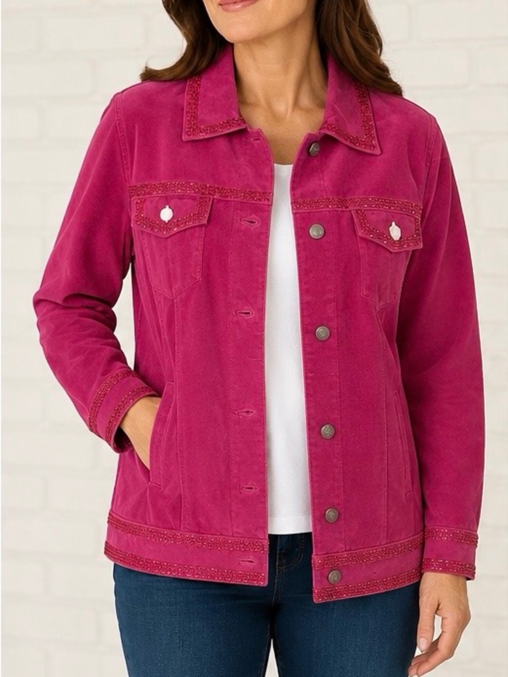 Vintage Dead Stock NWT Quacker Factory Pink Leather Suede Jacket Beaded 2XL